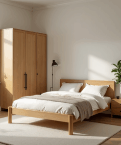 Wooden bed and wardrobe